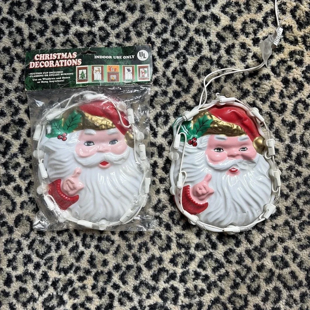 VTG 1999 Plastic Santa Face With Lights~ Tested & 1 New In Package! Lot Of 2